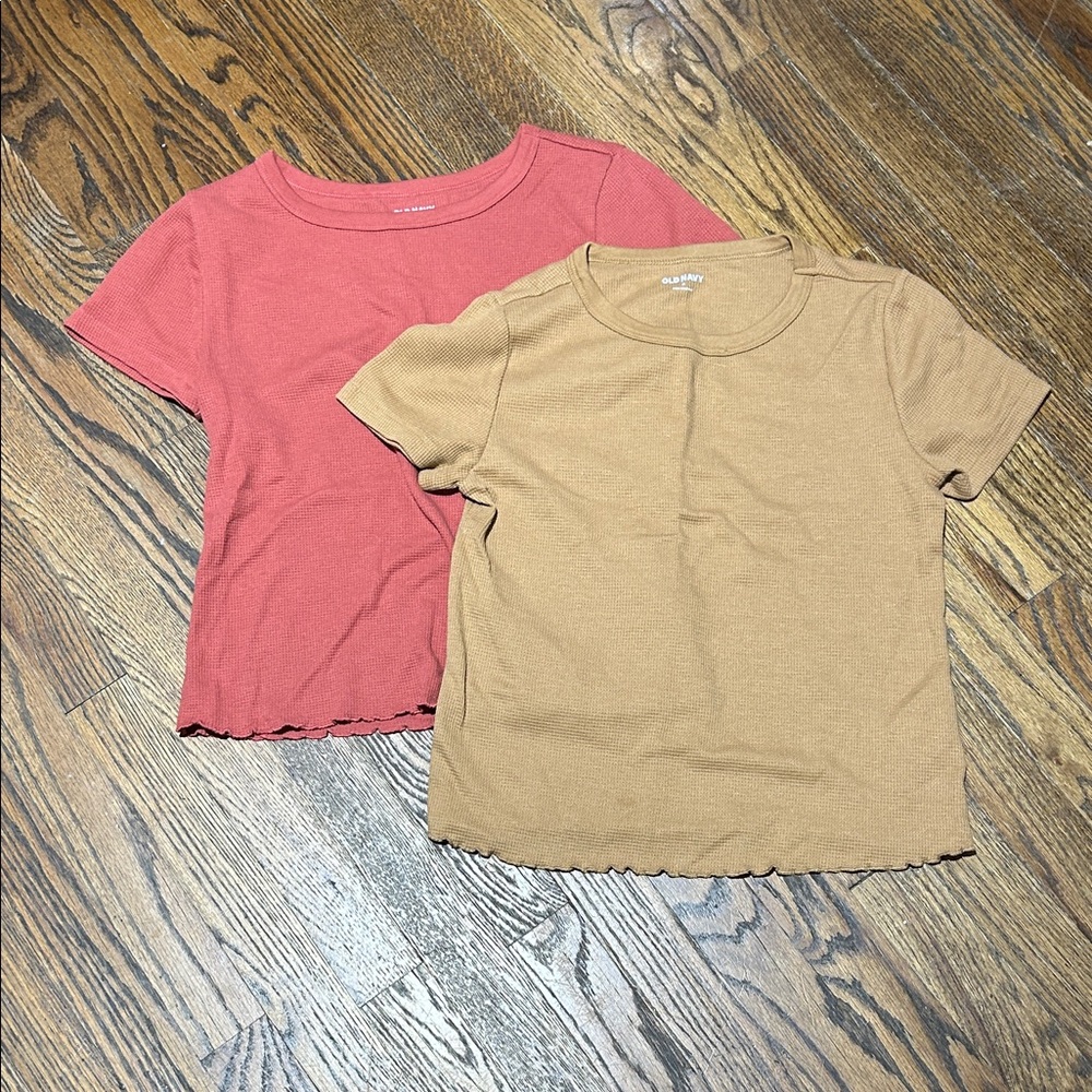 Waffle Weave Lettuce Cut Bottom  Red and Tan Crop Tops